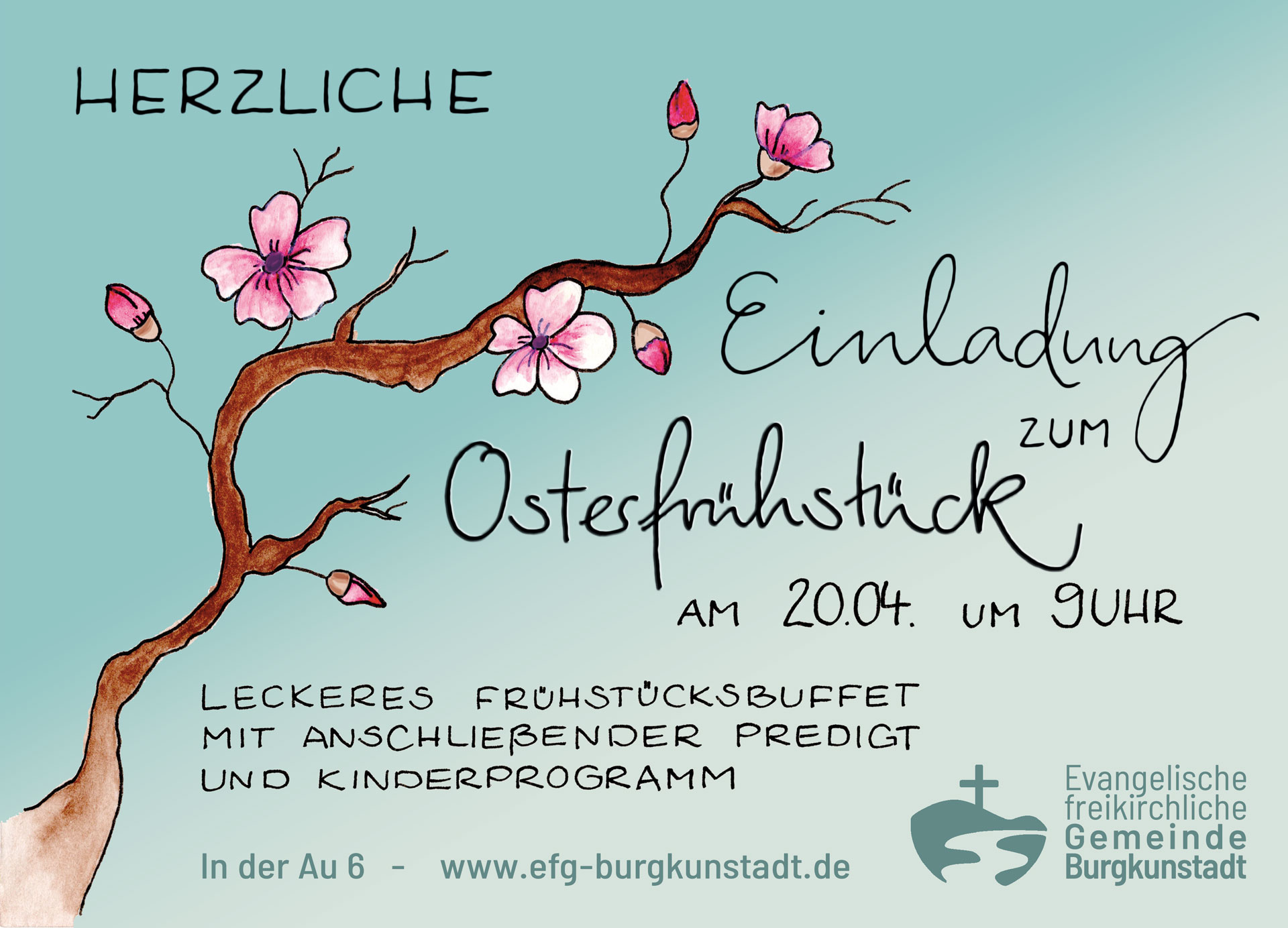 Herzliche Einladung zum Osterfrüstück am 20.04.2025 um 9 Uhr in den Gemeinderäumen >>In der Au 6, Burgkunstadt<<. Leckeres Frühstücksbuffet mit anschließender Predigt und Kinderprogramm.