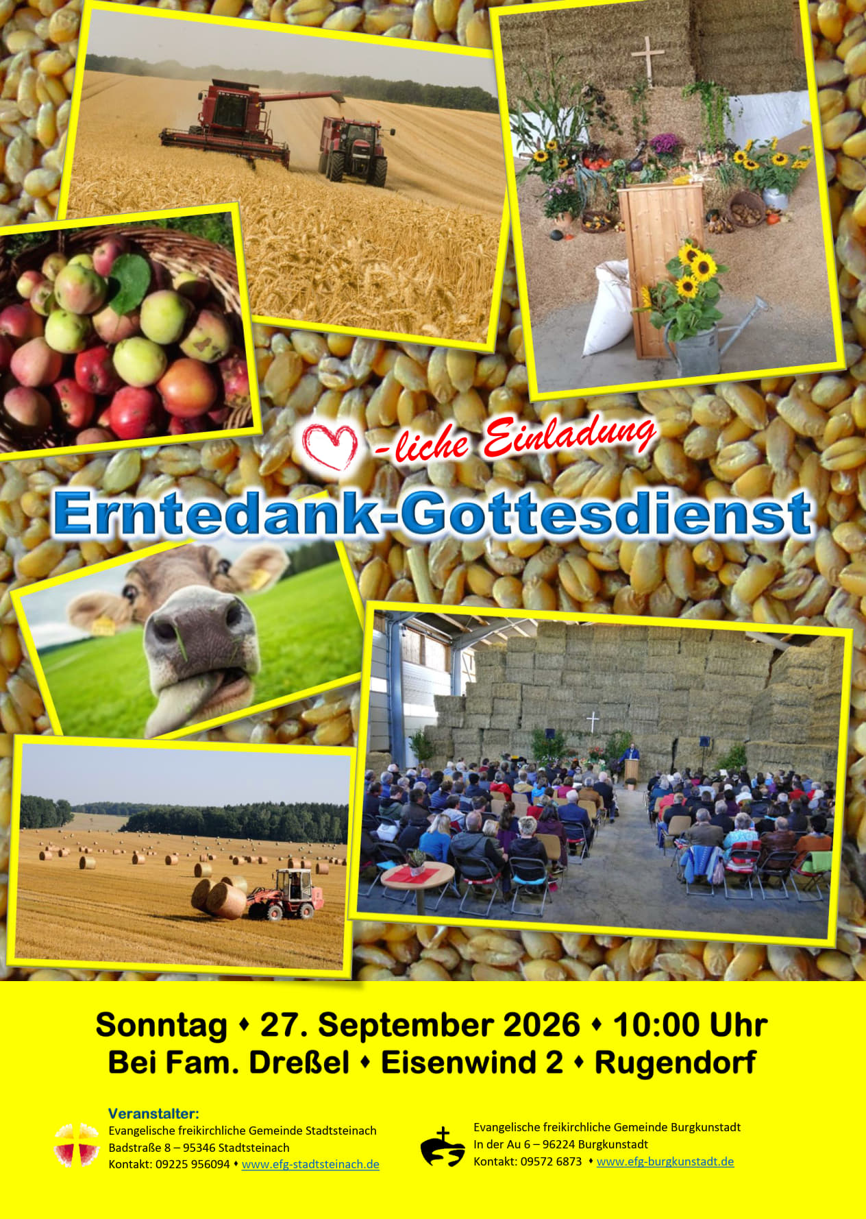Einladungsflyer zum Erntedank-Gottesdienst am Sonntag, dem 27. September 2026 um 10:00 Uhr auf dem Bauernhof von Familie Dre&szlig;el in Eisenwind 2, 94365 Rugendorf. Weitere Infos bei Michael Dre&szlig;el Tel. +49 170 246 66 98.